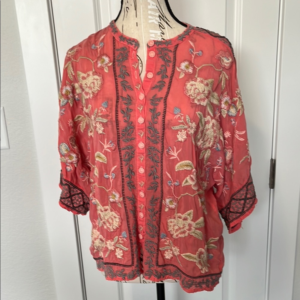 Johnny Was Peach Blouse with Cuffed Sleeves